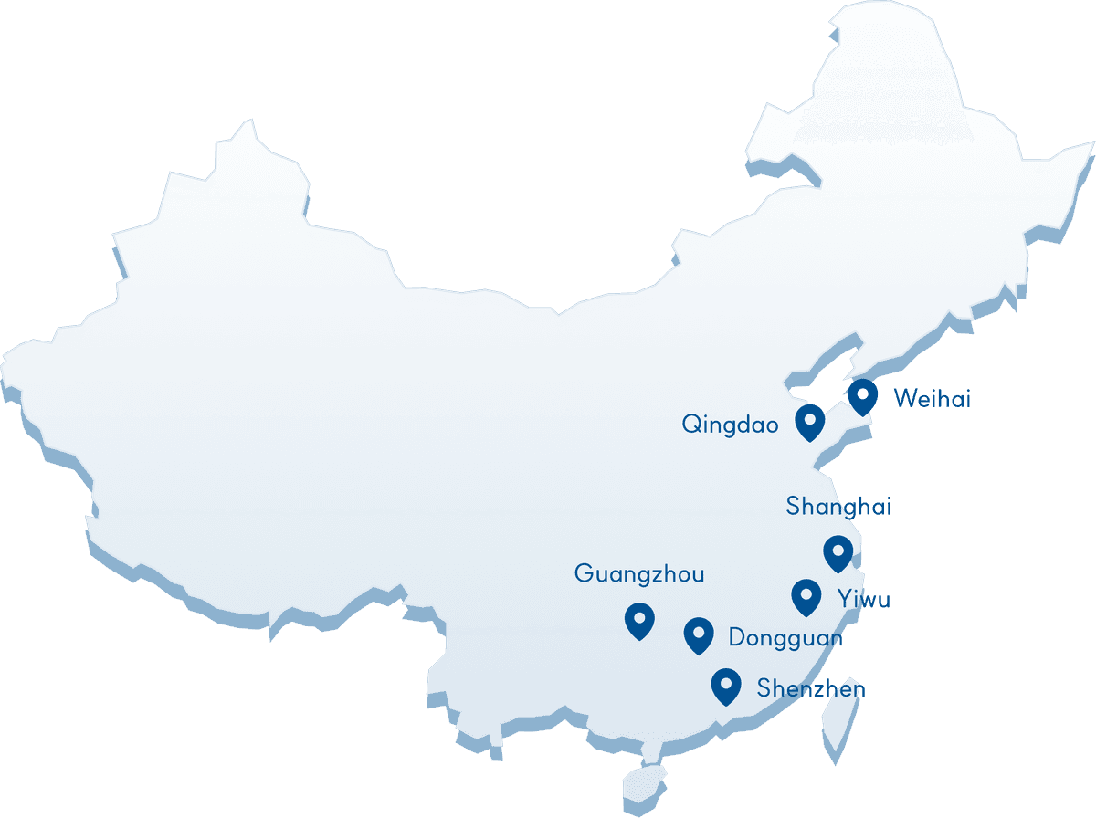 China map showing shipping routes from major cities to Weihai